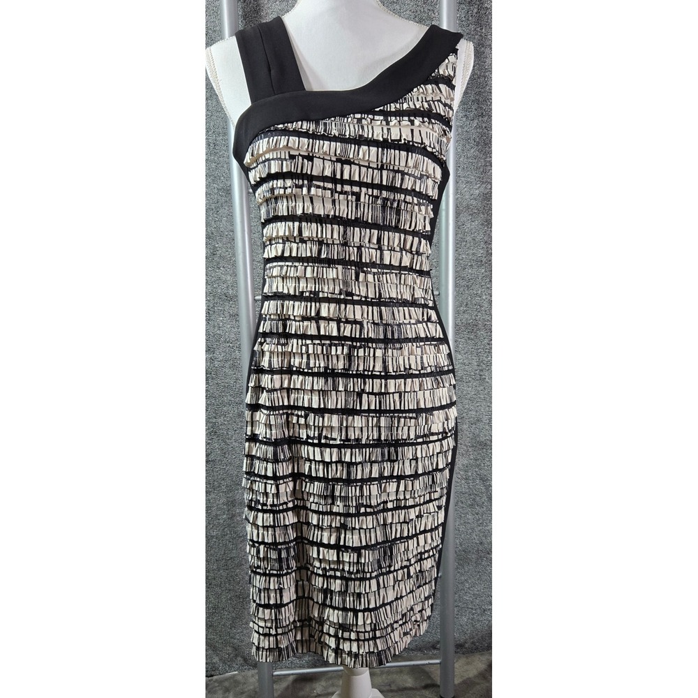 Joseph Ribkoff Black Cream Ruffle Sheath Dress Asymmetrical Neckline Size 10
